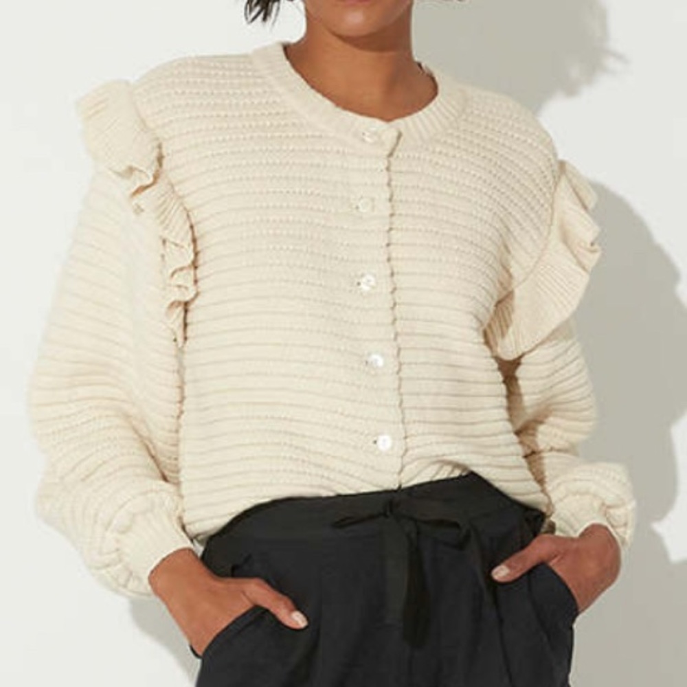 Cleobella Cardigan Sweater Cream Organic Cotton Ruffles Textured Button Up Small